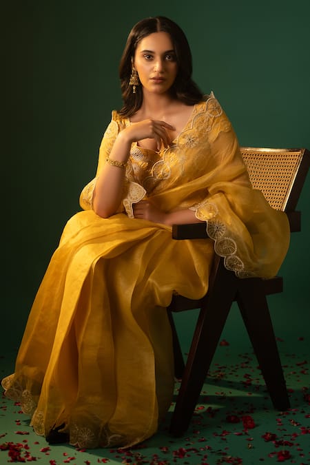 Shop_Neelu And Manvi_Yellow Silk, Organza Embroidery Polo Collar Floral Face Motif Saree Set _Online_at_Aza_Fashions