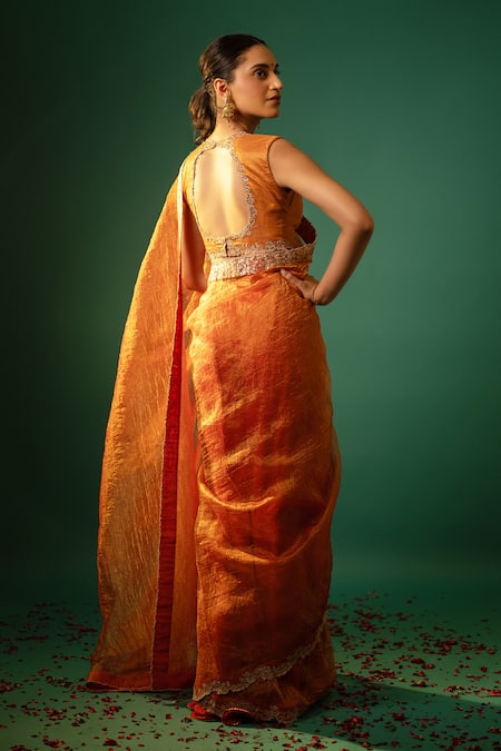 Neelu And Manvi Floral Zari Embroidered Orange Saree & Blouse 