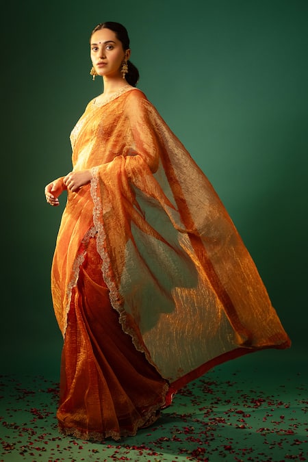 Neelu And Manvi_Orange Silk, Crepe Embroidery, Zari Round Neck Floral Saree And Blouse _Online_at_Aza_Fashions