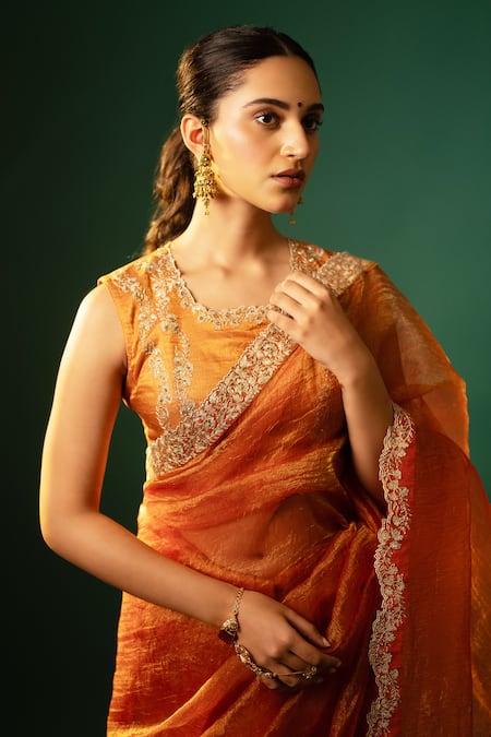 Buy_Neelu And Manvi_Orange Silk, Crepe Embroidery, Zari Round Neck Floral Saree And Blouse _Online_at_Aza_Fashions