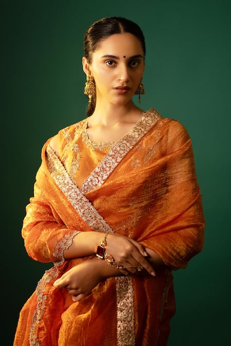 Shop_Neelu And Manvi_Orange Silk, Crepe Embroidery, Zari Round Neck Floral Saree And Blouse _Online_at_Aza_Fashions