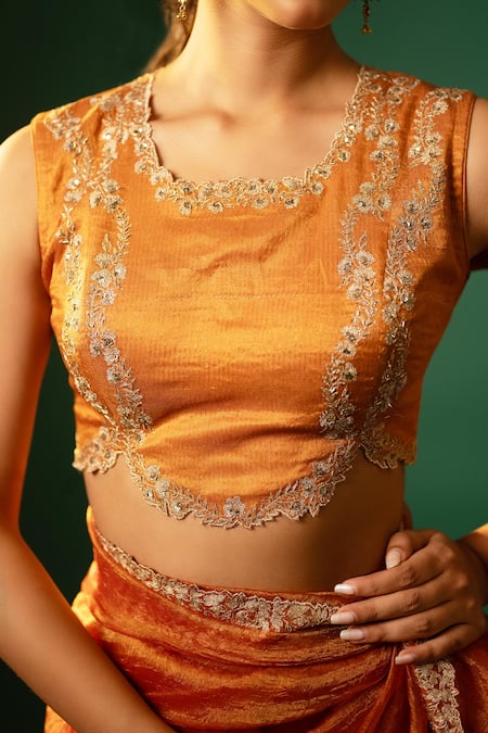 Neelu And Manvi_Orange Silk, Crepe Embroidery, Zari Round Neck Floral Saree And Blouse _at_Aza_Fashions