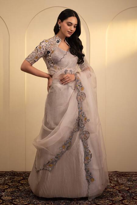 Buy Neelu And Manvi Gray Silk, Organza Sequins, Embroidery Collared Floral Grey Lehenga Set Online at Aza Fashions Buy_Neelu And Manvi_Gray Silk, Organza Sequins, Embroidery Collared Floral Grey Lehenga Set _Online_at_Aza_Fashions