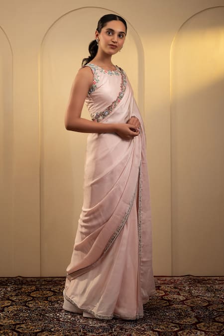 Neelu And Manvi Pink Satin Embroidery Round Neck Floral Saree With Blouse Online at Aza Fashions Neelu And Manvi_Pink Satin Embroidery Round Neck Floral Saree With Blouse _Online_at_Aza_Fashions