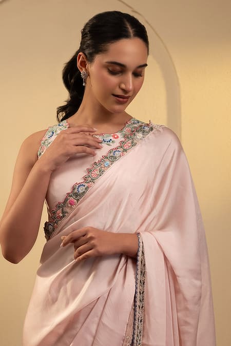 Buy Neelu And Manvi Pink Satin Embroidery Round Neck Floral Saree With Blouse Online at Aza Fashions Buy_Neelu And Manvi_Pink Satin Embroidery Round Neck Floral Saree With Blouse _Online_at_Aza_Fashions
