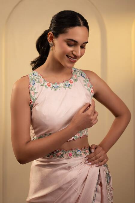 Shop Neelu And Manvi Pink Satin Embroidery Round Neck Floral Saree With Blouse Online at Aza Fashions Shop_Neelu And Manvi_Pink Satin Embroidery Round Neck Floral Saree With Blouse _Online_at_Aza_Fashions