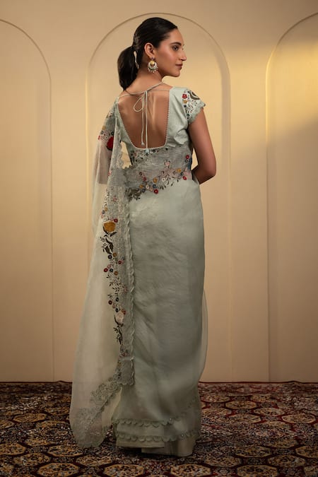 Neelu And Manvi Mint Green Floral Vine Embroidered Saree Set 