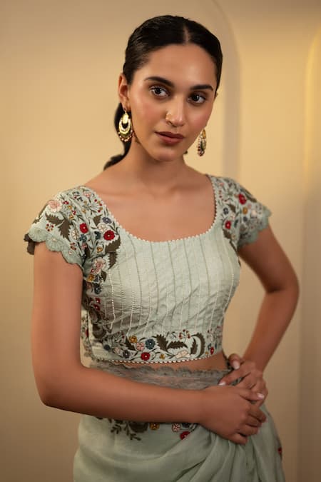 Neelu And Manvi_Mint Silk, Organza Embroidery Round Neck Green Floral Vine Saree Set _Online_at_Aza_Fashions