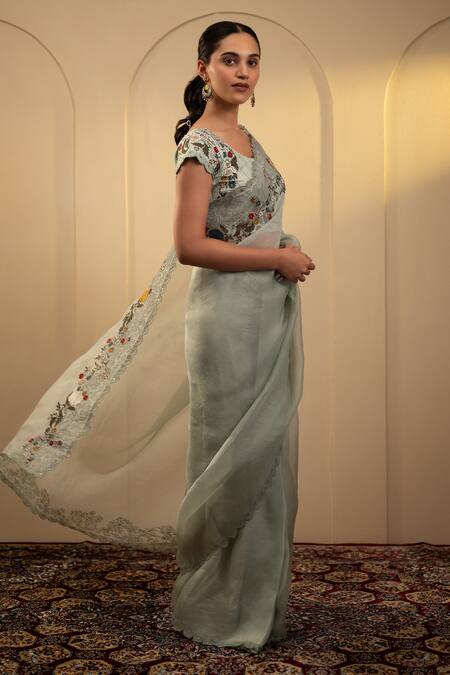 Buy_Neelu And Manvi_Mint Silk, Organza Embroidery Round Neck Green Floral Vine Saree Set _Online_at_Aza_Fashions