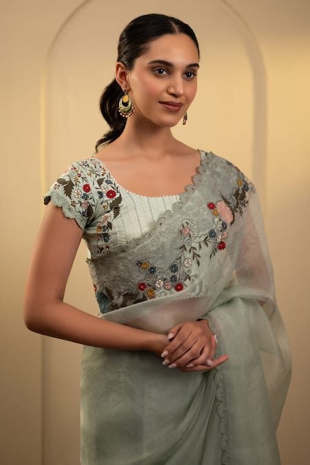 Shop_Neelu And Manvi_Mint Silk, Organza Embroidery Round Neck Green Floral Vine Saree Set _Online_at_Aza_Fashions