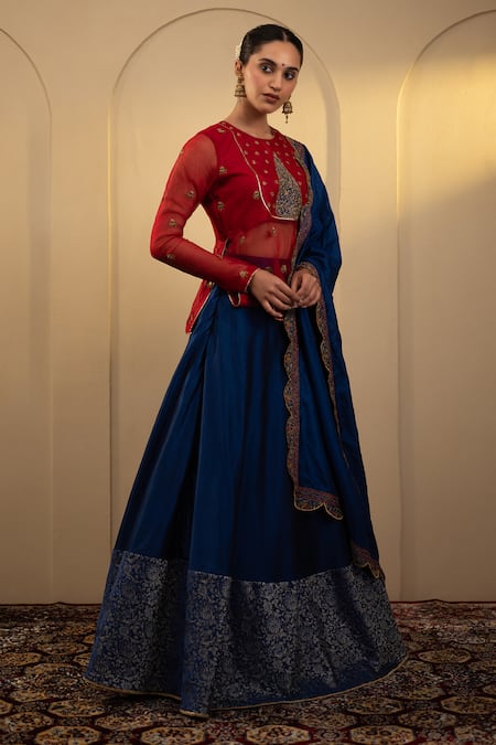 Buy_Neelu And Manvi_Red Organza, Silk Embroidery Round Neck Floral Brocade Panel Lehenga Set _Online_at_Aza_Fashions