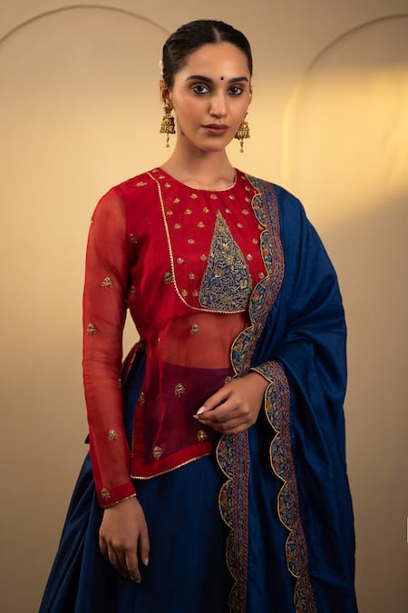 Shop_Neelu And Manvi_Red Organza, Silk Embroidery Round Neck Floral Brocade Panel Lehenga Set _Online_at_Aza_Fashions