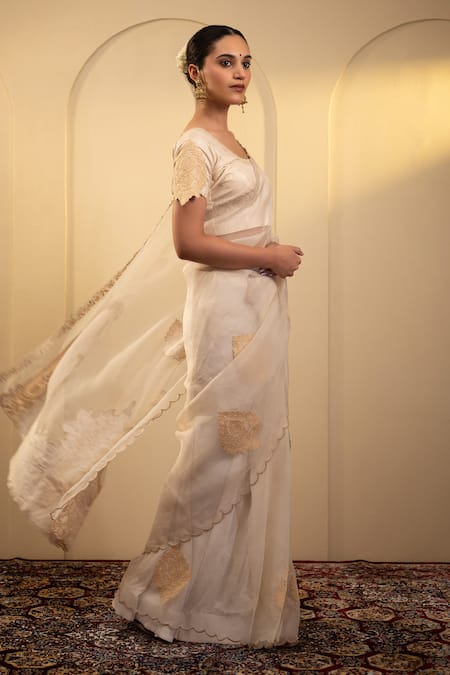 Neelu And Manvi Off White Silk, Organza Embroidery Scoop Neck Floral Aari Saree Set Online at Aza Fashions Neelu And Manvi_Off White Silk, Organza Embroidery Scoop Neck Floral Aari Saree Set _Online_at_Aza_Fashions