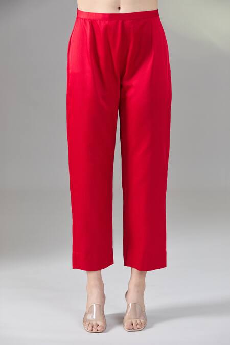 Shop Prisho Red Cotton Gota Patti, Pearls, Beads Round Neck Floral Embroidered Kurta Set Shop_Prisho_Red Cotton Gota Patti, Pearls, Beads Round Neck Floral Embroidered Kurta Set