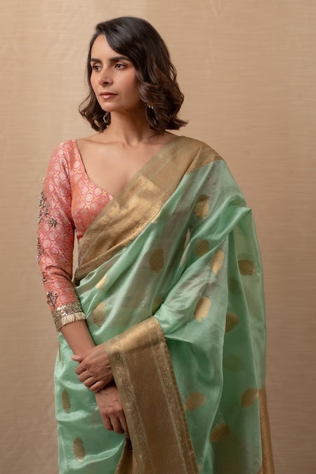 Buy Priyanka Raajiv Green Silk, Chanderi Foil Printing Paisley Buti Saree With Blouse Online at Aza Fashions Buy_Priyanka Raajiv_Green Silk, Chanderi Foil Printing Paisley Buti Saree With Blouse _Online_at_Aza_Fashions