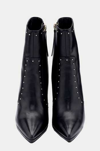 Shop Oroh Black Metallic Thread Stud Embellished Leather Ankle Boots at Aza Fashions Shop_Oroh_Black Metallic Thread Stud Embellished Leather Ankle Boots _at_Aza_Fashions