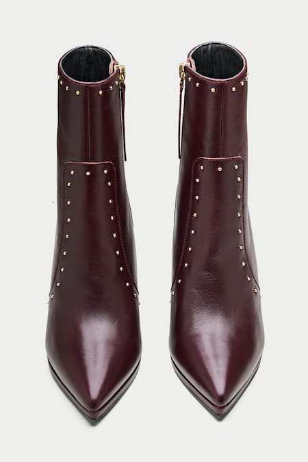 Shop_Oroh_Maroon Metallic Thread Stud Embellished Ankle Boots _at_Aza_Fashions