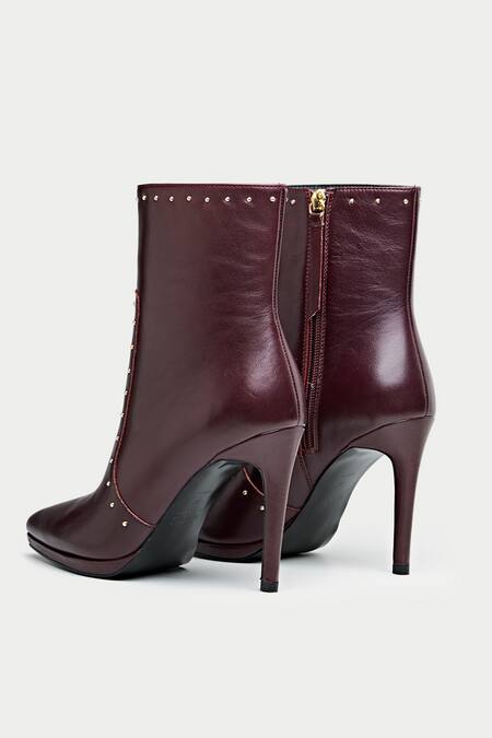 Oroh_Maroon Metallic Thread Stud Embellished Ankle Boots _Online_at_Aza_Fashions