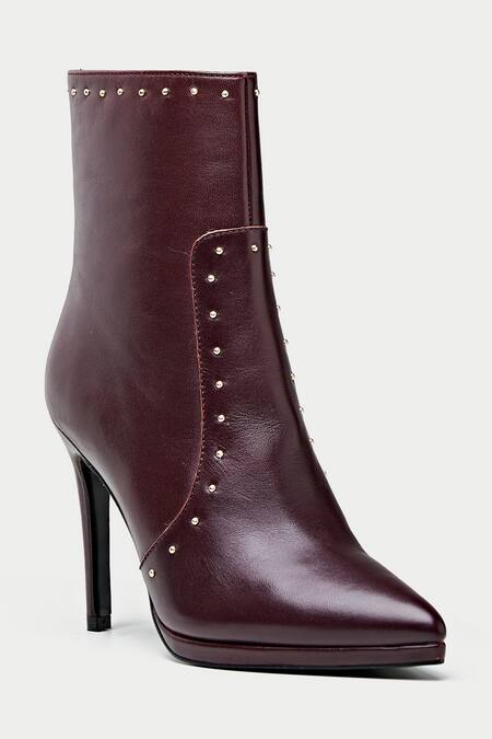 Buy_Oroh_Maroon Metallic Thread Stud Embellished Ankle Boots _Online_at_Aza_Fashions