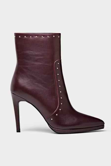 Shop_Oroh_Maroon Metallic Thread Stud Embellished Ankle Boots _Online_at_Aza_Fashions