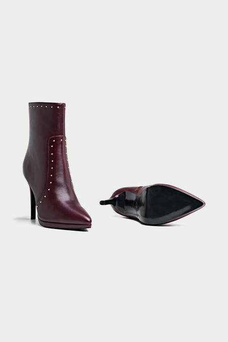 Oroh_Maroon Metallic Thread Stud Embellished Ankle Boots _at_Aza_Fashions