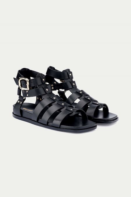 Oroh Black Metallic Thread, Studs Embellished Gladiator Sandals 