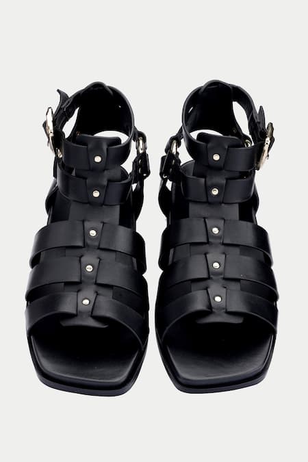 Shop Oroh Black Metallic Thread, Studs Embellished Gladiator Sandals at Aza Fashions Shop_Oroh_Black Metallic Thread, Studs Embellished Gladiator Sandals _at_Aza_Fashions