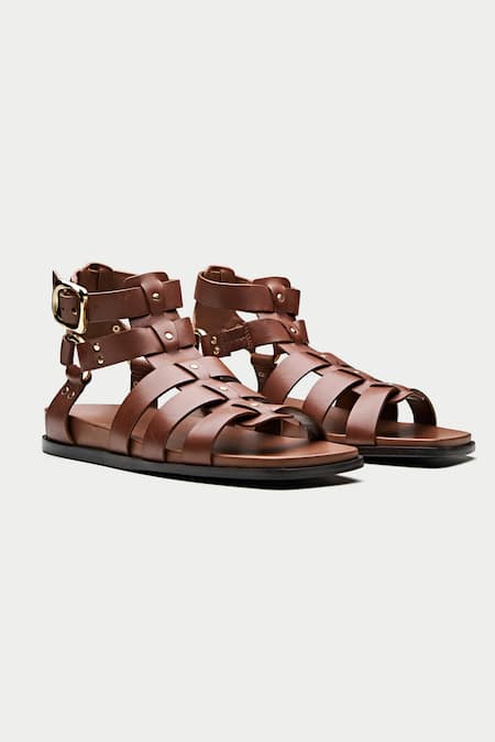 Oroh Brown Metallic Thread Stud Gladiator Sandals 