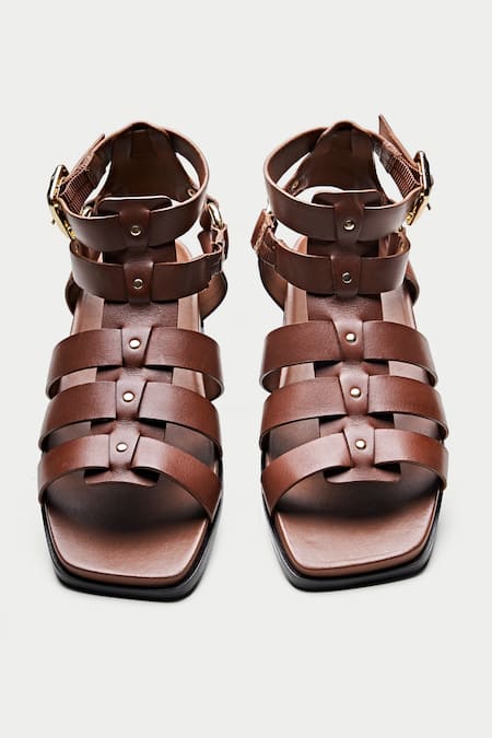 Shop_Oroh_Brown Metallic Thread Stud Gladiator Sandals _at_Aza_Fashions