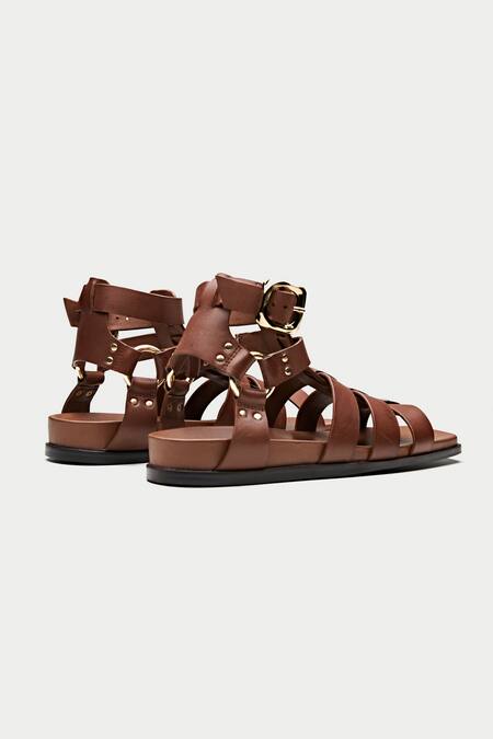 Shop_Oroh_Brown Metallic Thread Stud Gladiator Sandals _Online_at_Aza_Fashions