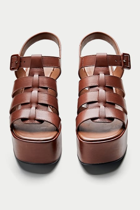 Shop Oroh Brown Woven Gladiator Platform Sandals at Aza Fashions Shop_Oroh_Brown Woven Gladiator Platform Sandals _at_Aza_Fashions