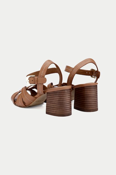 Oroh_Brown Tan Criss Cross Block Heel Sandals _at_Aza_Fashions