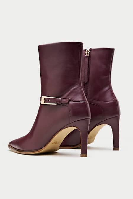 Oroh_Maroon Buckles Metal Ankle Boots _Online_at_Aza_Fashions