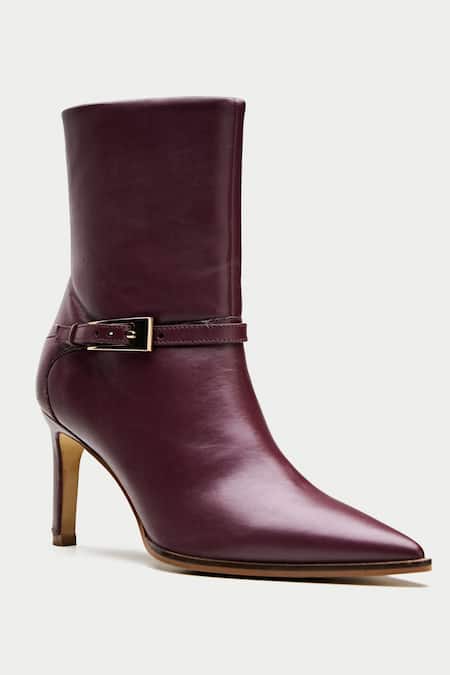 Buy_Oroh_Maroon Buckles Metal Ankle Boots _Online_at_Aza_Fashions