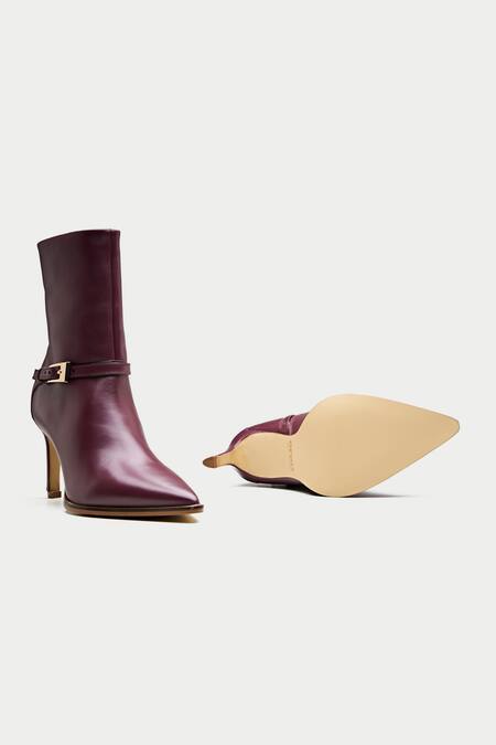 Oroh_Maroon Buckles Metal Ankle Boots _at_Aza_Fashions