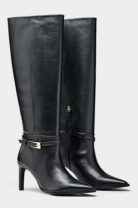 Oroh Black Buckles Tapered Toe Knee High Boots 