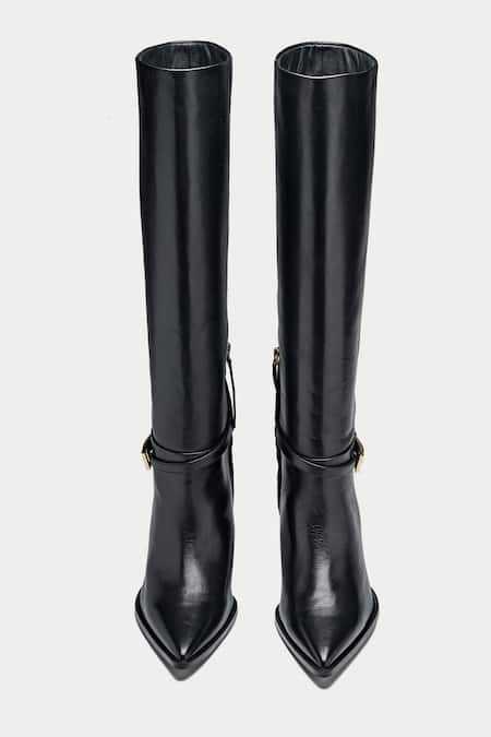 Shop_Oroh_Black Buckles Tapered Toe Knee High Boots _at_Aza_Fashions