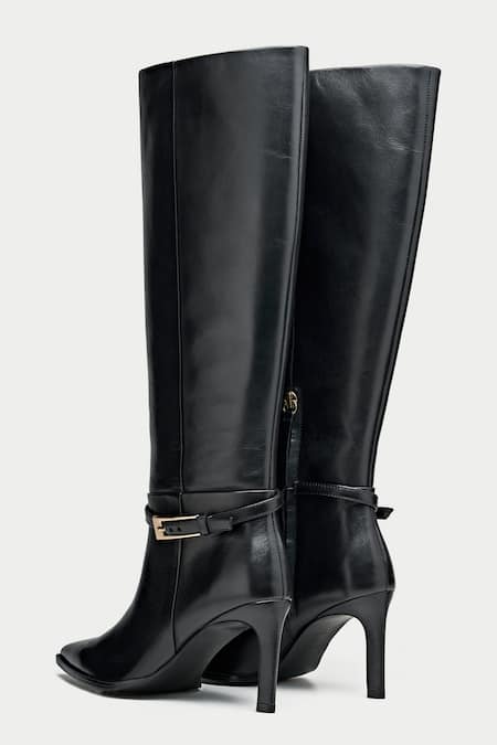 Oroh_Black Buckles Tapered Toe Knee High Boots _Online_at_Aza_Fashions