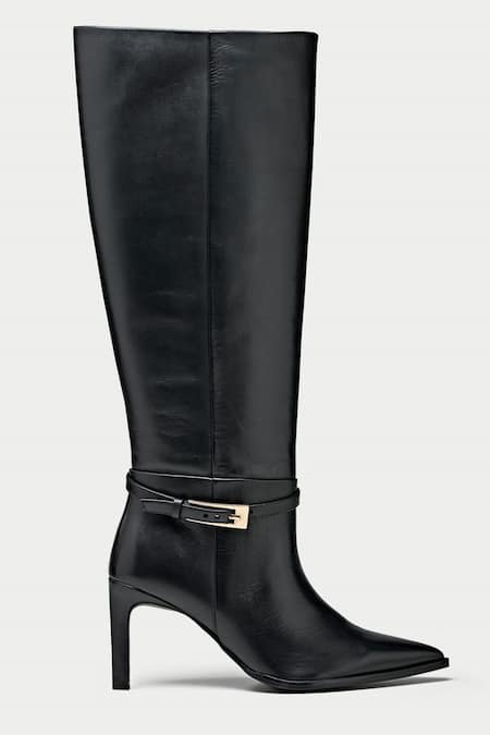 Shop_Oroh_Black Buckles Tapered Toe Knee High Boots _Online_at_Aza_Fashions