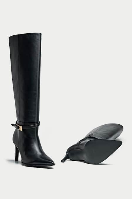 Oroh_Black Buckles Tapered Toe Knee High Boots _at_Aza_Fashions
