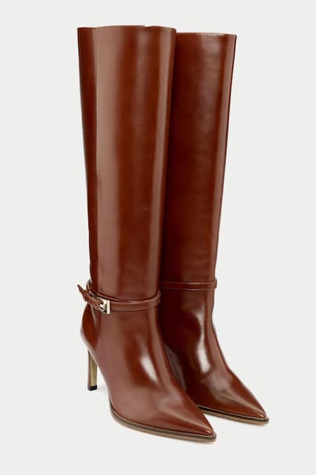 Shop_Oroh_Brown Buckles Tan Kitten Heel Knee High Boots _Online_at_Aza_Fashions