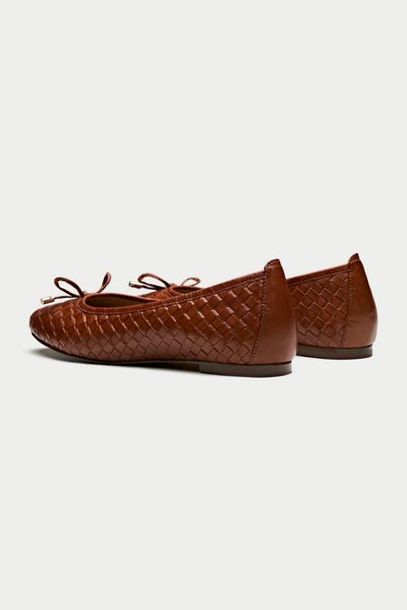 Shop_Oroh_Brown Textured Ballerinas With Bow Tassel _Online_at_Aza_Fashions