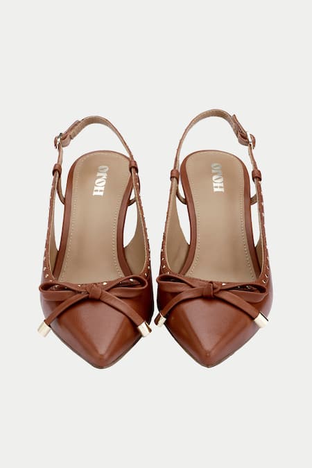 Shop Oroh Brown Bows, Studs Tan Tapered Toe Pump Heels With at Aza Fashions Shop_Oroh_Brown Bows, Studs Tan Tapered Toe Pump Heels With _at_Aza_Fashions