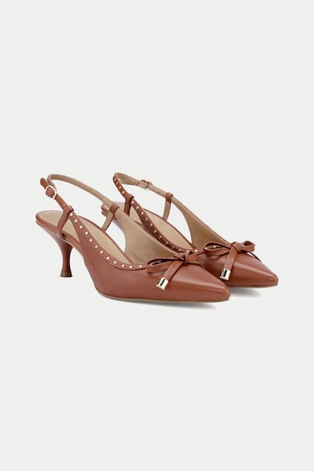 Shop Oroh Brown Bows, Studs Tan Tapered Toe Pump Heels With Online at Aza Fashions Shop_Oroh_Brown Bows, Studs Tan Tapered Toe Pump Heels With _Online_at_Aza_Fashions