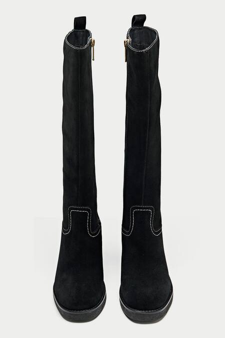 Shop_Oroh_Black Stones Knee High Boots With Stitchline Embroidery _at_Aza_Fashions