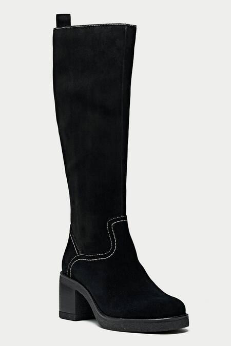 Oroh_Black Stones Knee High Boots With Stitchline Embroidery _Online_at_Aza_Fashions