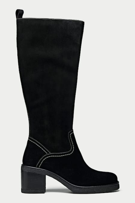Buy_Oroh_Black Stones Knee High Boots With Stitchline Embroidery _Online_at_Aza_Fashions