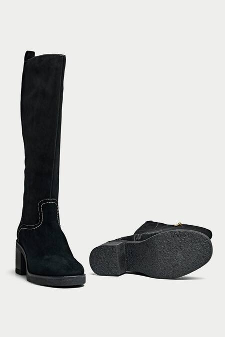 Oroh_Black Stones Knee High Boots With Stitchline Embroidery _at_Aza_Fashions