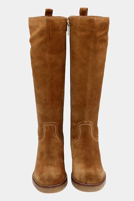 Shop_Oroh_Brown Tan Stitchline Thread Embroidered Boots _at_Aza_Fashions