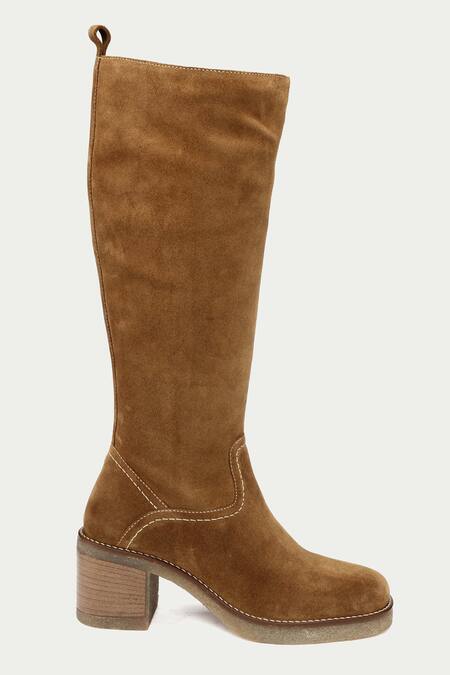 Oroh_Brown Tan Stitchline Thread Embroidered Boots _Online_at_Aza_Fashions